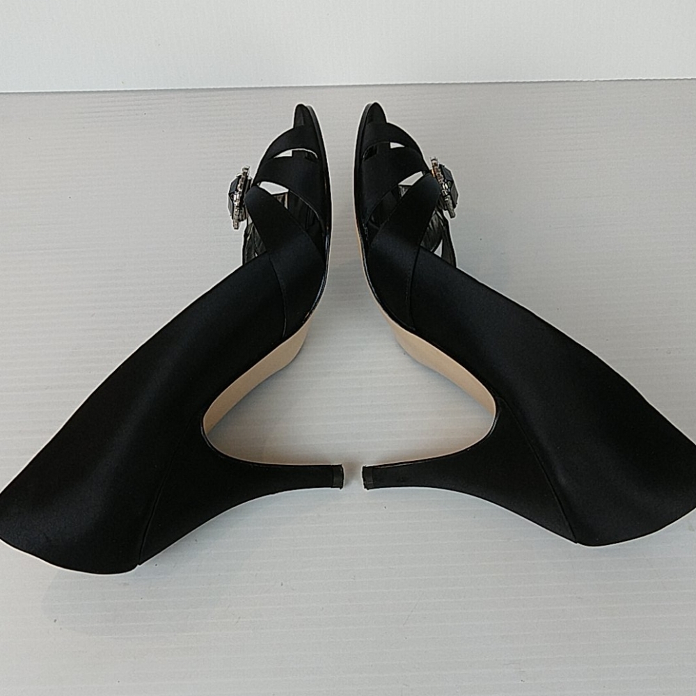 Caparros Black Satin Strappy Open Toe Black Onyx Rhinestone Jeweled Vamp Heel - Picture 7 of 13